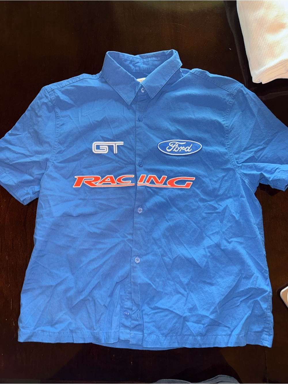 Hollister Blue Short Sleeve Button-Down Shirt with Racing Graphics
